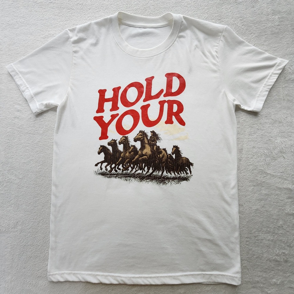 Hold Your Horses Shirt Graphic Tee Mens Large White Western Cowboy Horse Print